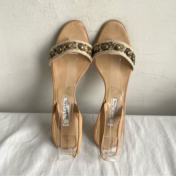 Oscar De La Renta Beaded Linen Sling Back Sandals Kitten Heels - Picture 6 of 14